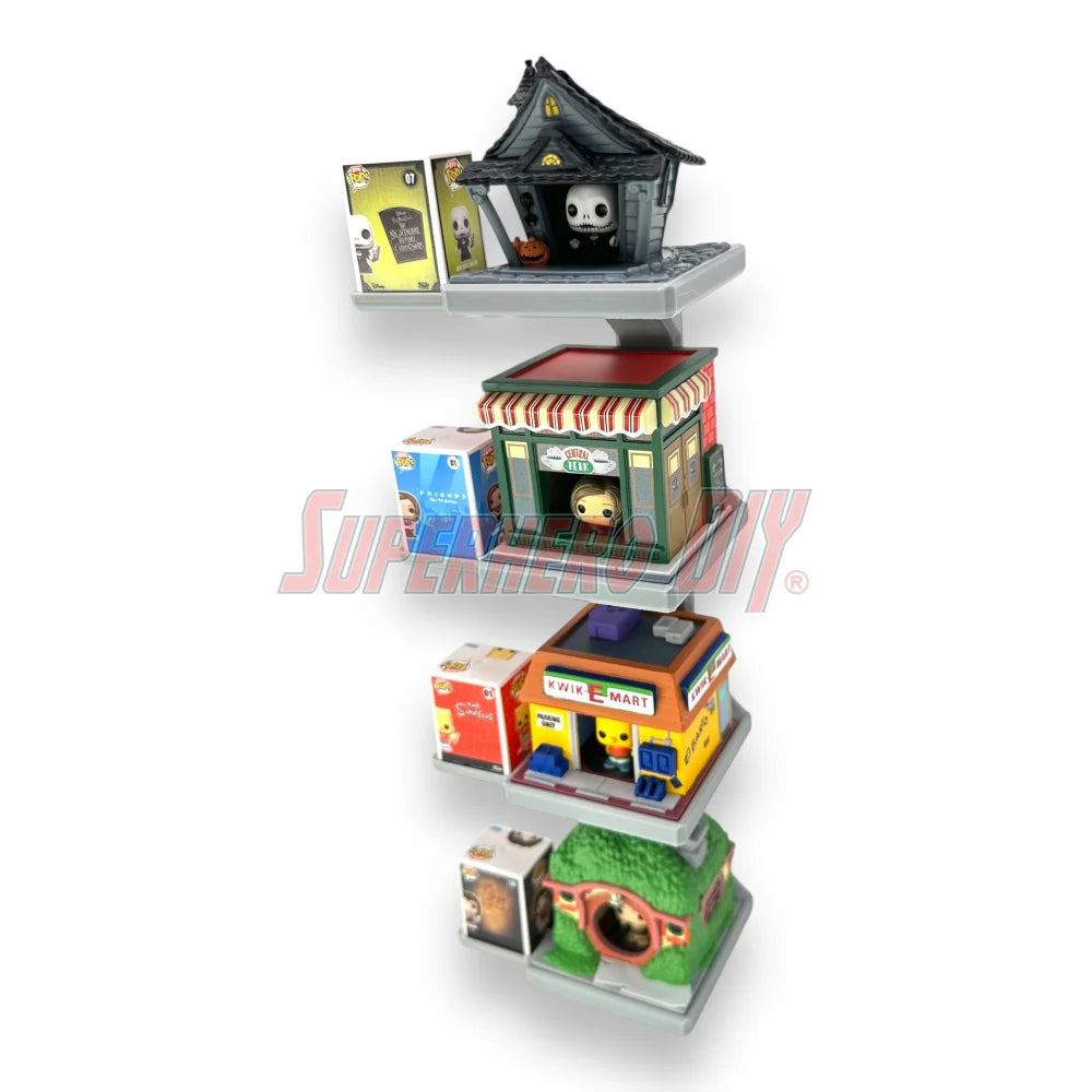 Stackable floating shelf for Bitty Pop Towns sets, designed to hold Funko figures and town box in a vertical wall-mounted display