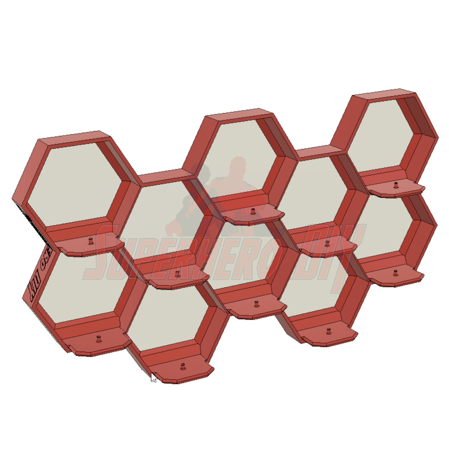 10-Cell honeycomb display for Disney Doorables in red, hexagonal design for organizing mini figures. Wall-mountable or stand-alone.