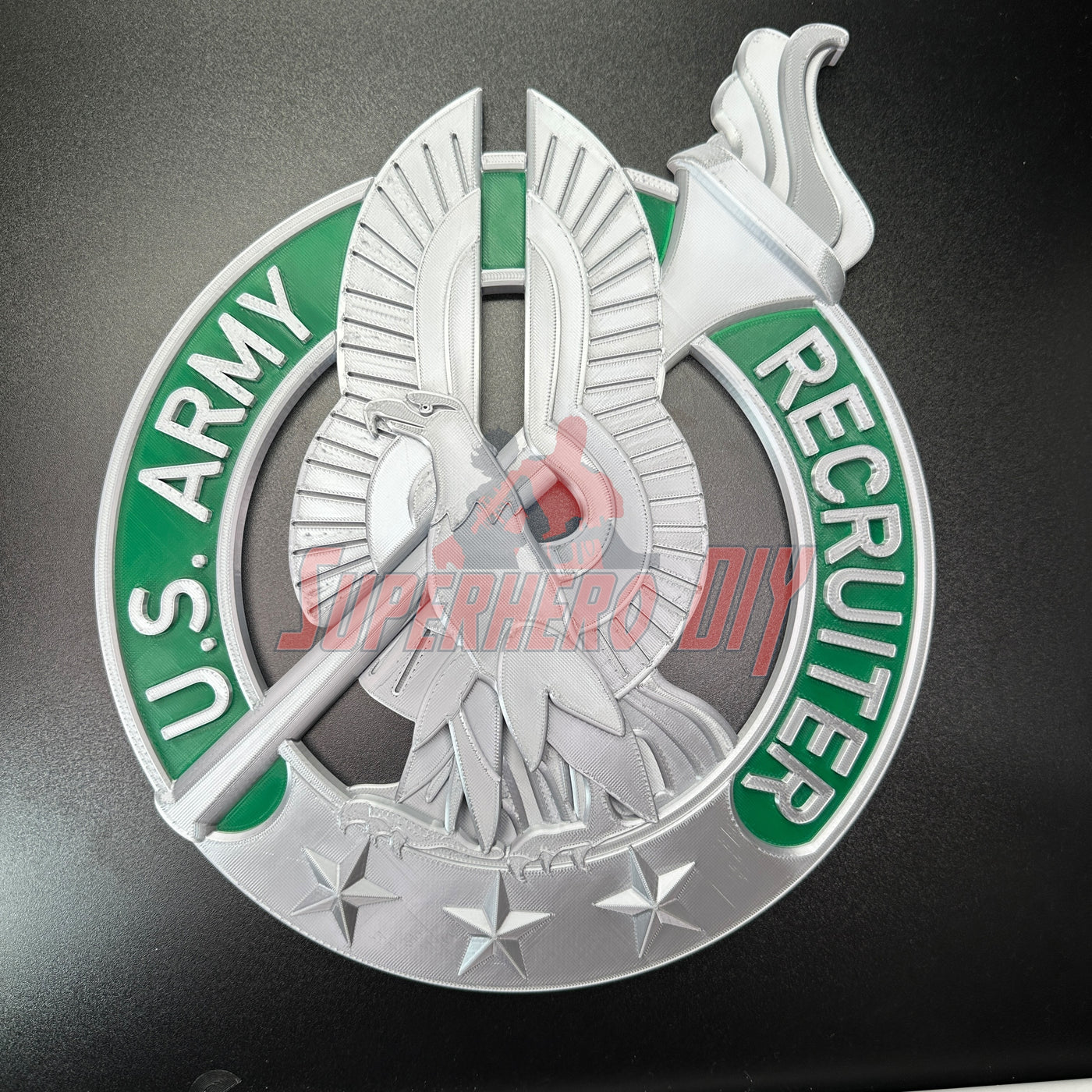 Army recruiter badge insignia with eagle, torch, stars. Official emblem design for wall display. Ideal for service display or gift.