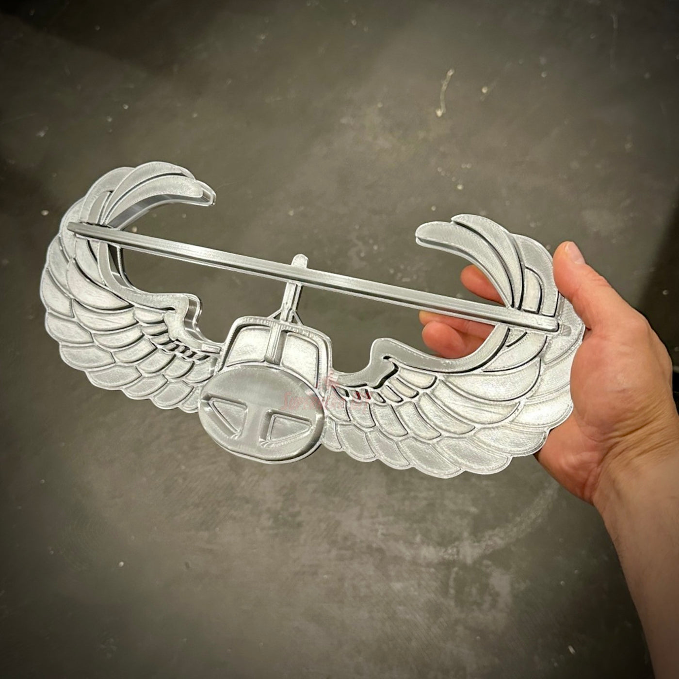 Air Assault Badge display held in hand, showcasing detailed wings and shiny silver finish.