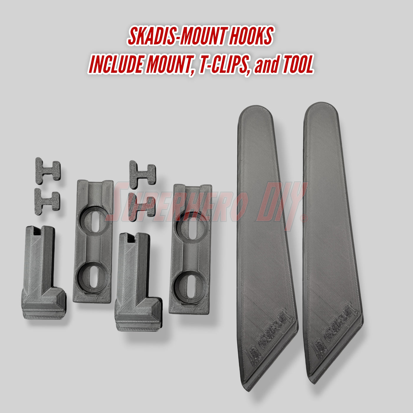 Set of Skadis-mount hooks including mount, T-clips, and tool on a white background.