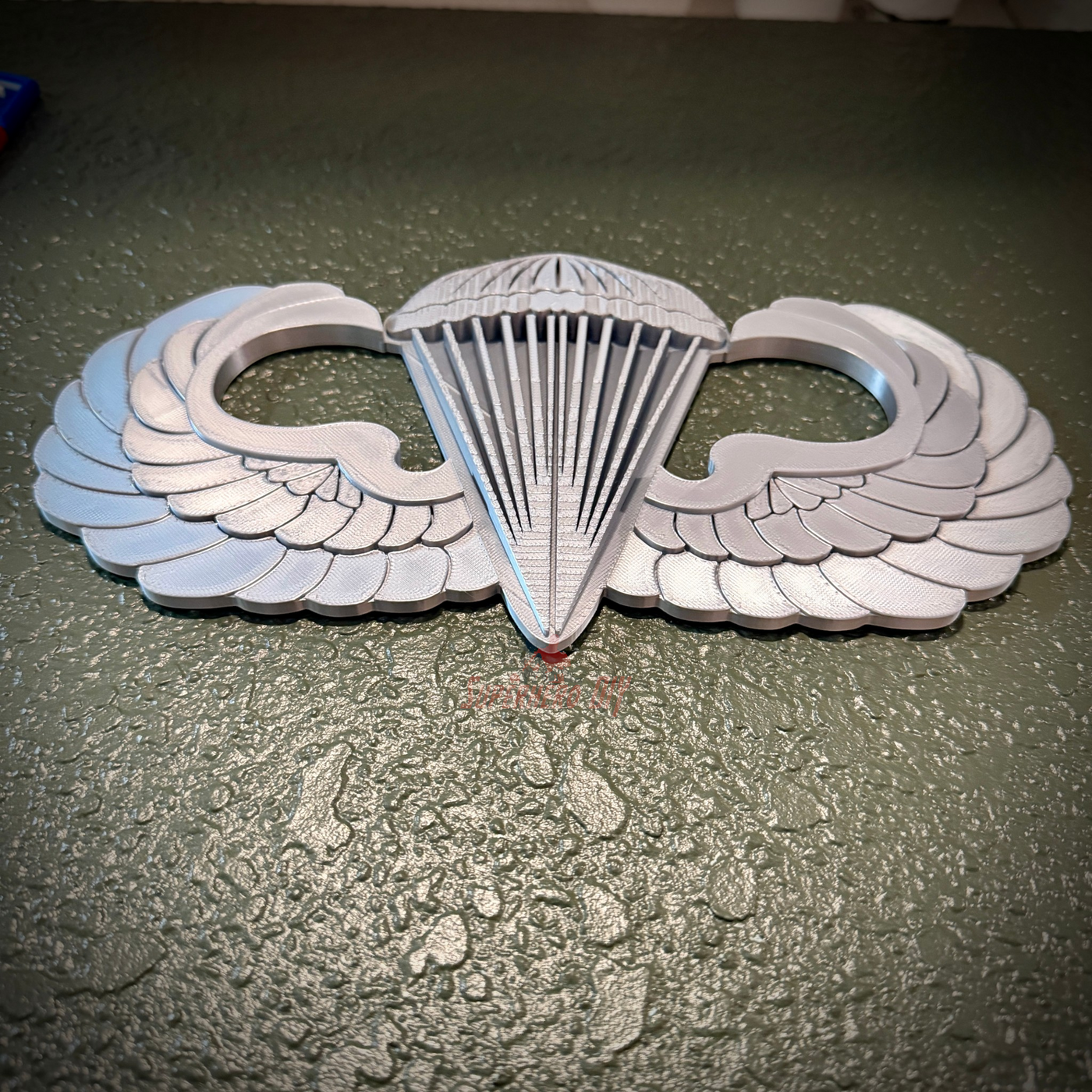 parachutist jump wings badge with detailed wing and parachute design on textured background