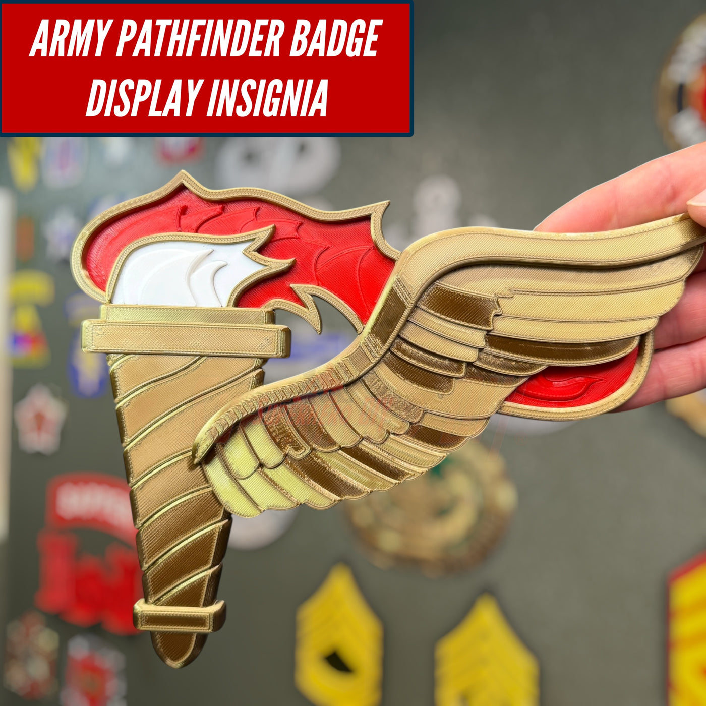 Army Pathfinder Badge Display Insignia with winged torch design, available in various finishes.