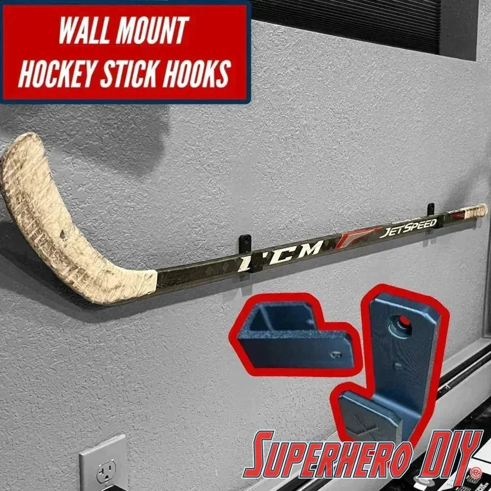Wall Mount Hockey Stick Hanger | Mount your stick on the wall | Horizontal Ice Hockey Stick Hanger | Comes with screws or Command strips! - Superhero DIY