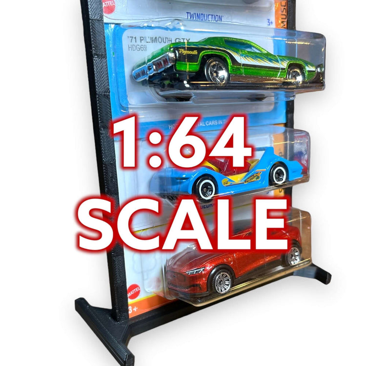 Display stand for 1:64 scale vehicles showcasing Hot Wheels and Matchbox cars, featuring amazing 3D-printed products.