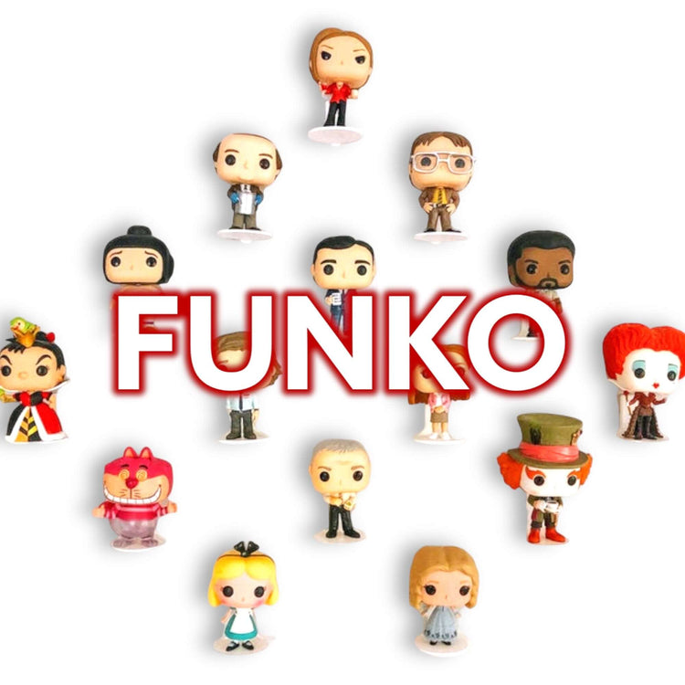 Funko Pop! vinyl collectibles displayed in a circular pattern with "FUNKO" text at the center.