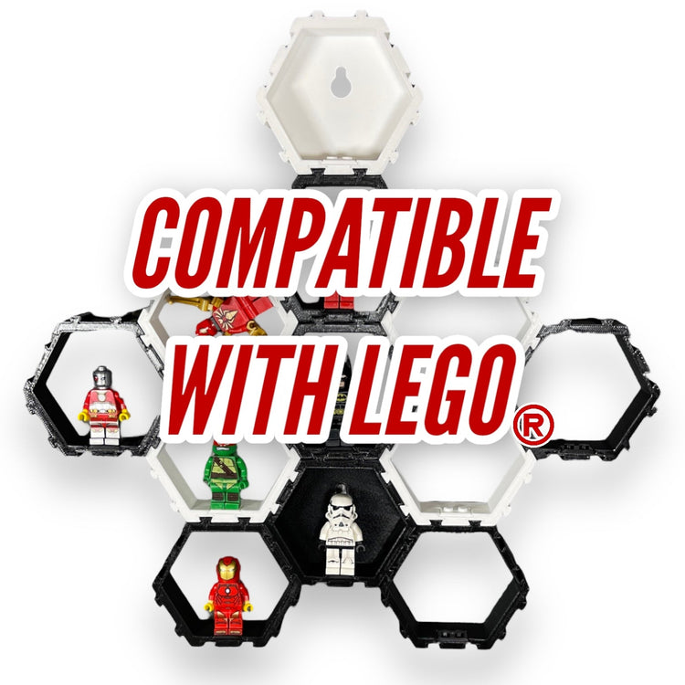 3D-printed display showing LEGO® minifigures with text "Compatible with LEGO®".