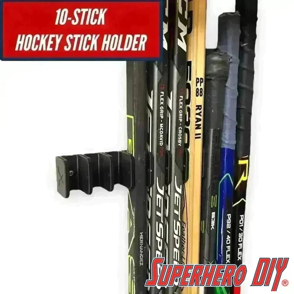 10-Stick Hockey Stick Holder Wall Mount | Ice Hockey Stick Organizer | SENIOR JUNIOR or YOUTH | Hockey Stick Organizer holds up to 10! - SuperheroDIY
