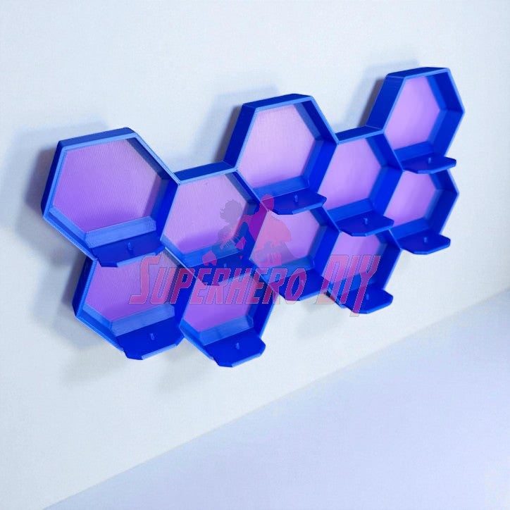 10-Cell honeycomb display for Disney Doorables mounted on wall, featuring hexagonal purple cells for organizing mini figures.