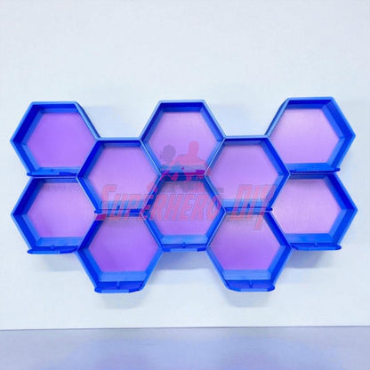 10-Cell honeycomb display for Disney Doorables with hexagonal blue cells for organizing and showcasing mini figures.