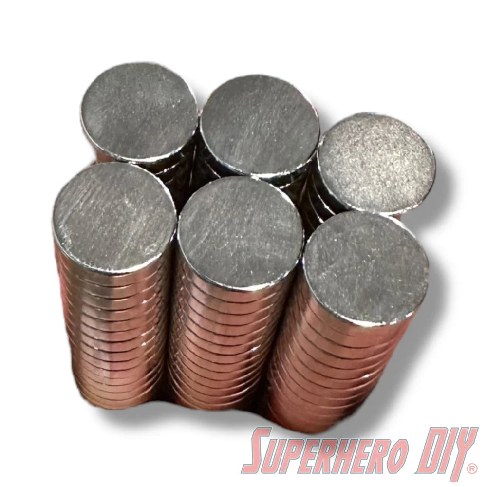 Stacked silver metallic round neodymium disc magnets, 1/2 inch diameter, 1/8 inch thick. - SuperheroDIY