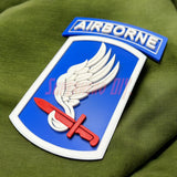173rd Airborne Brigade display insignia featuring wings and sword on a green fabric background.