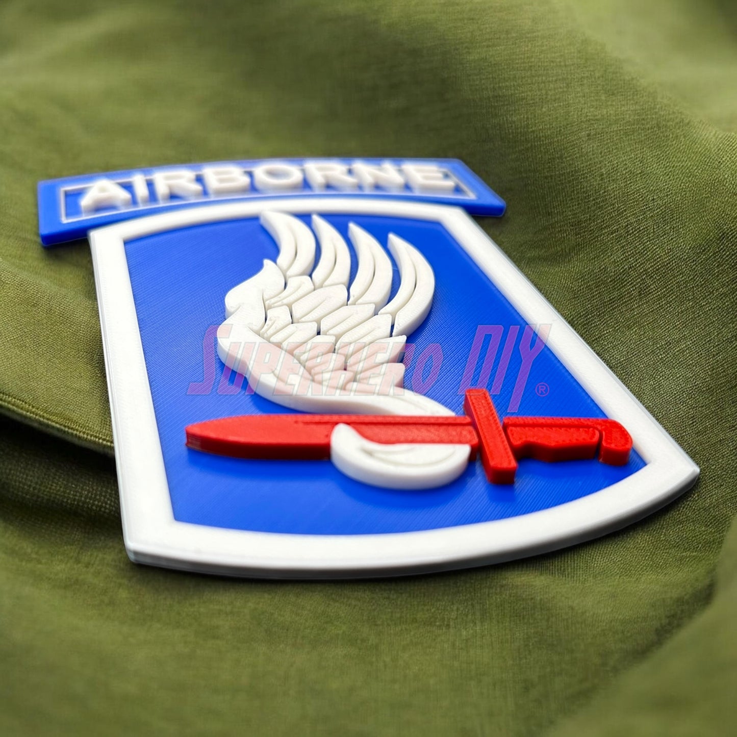 173rd Airborne Brigade display insignia featuring wings and a sword, representing unit pride on a green background.