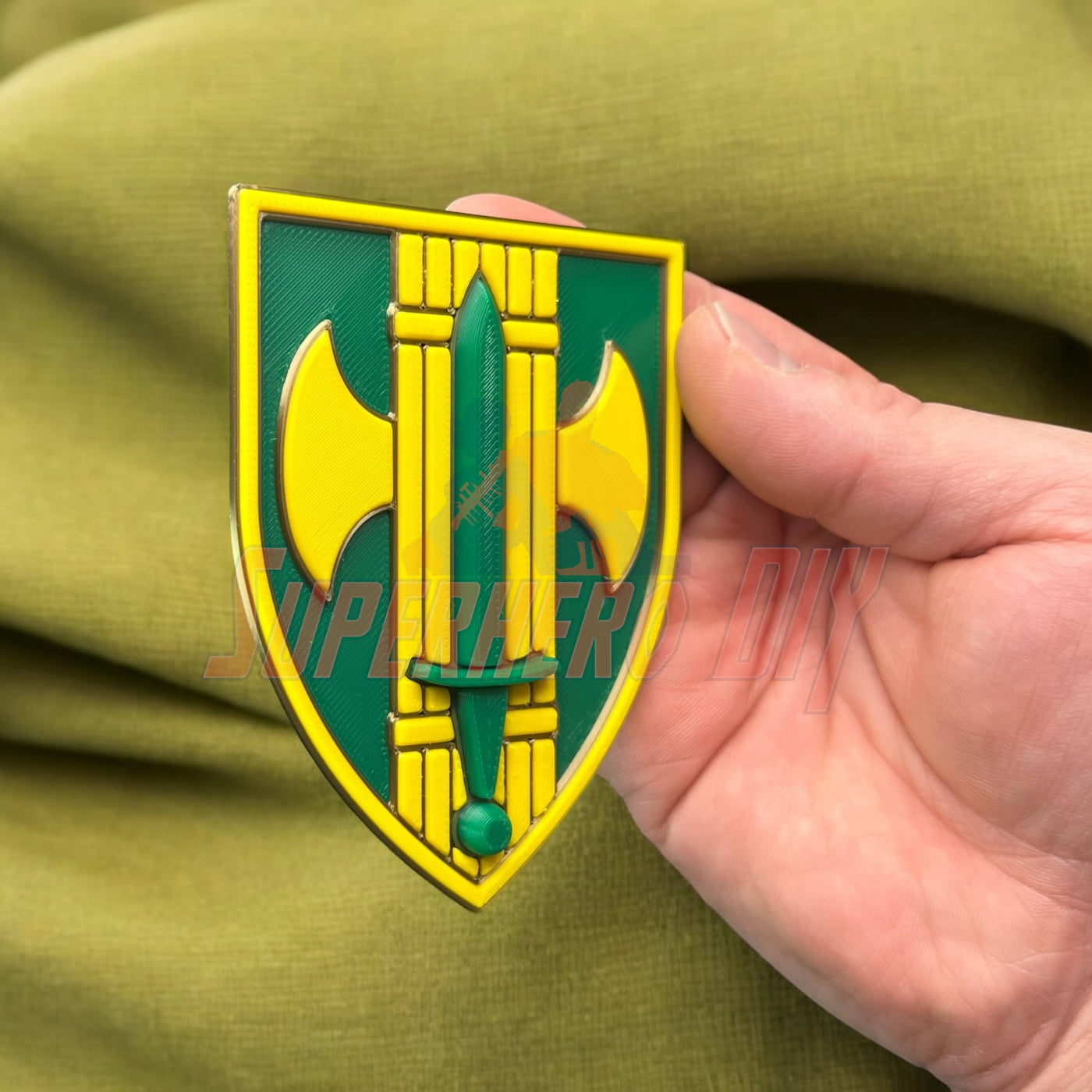 18th Military Police Brigade Display Insignia held in hand, featuring green and yellow design for wall mount or shadowbox.