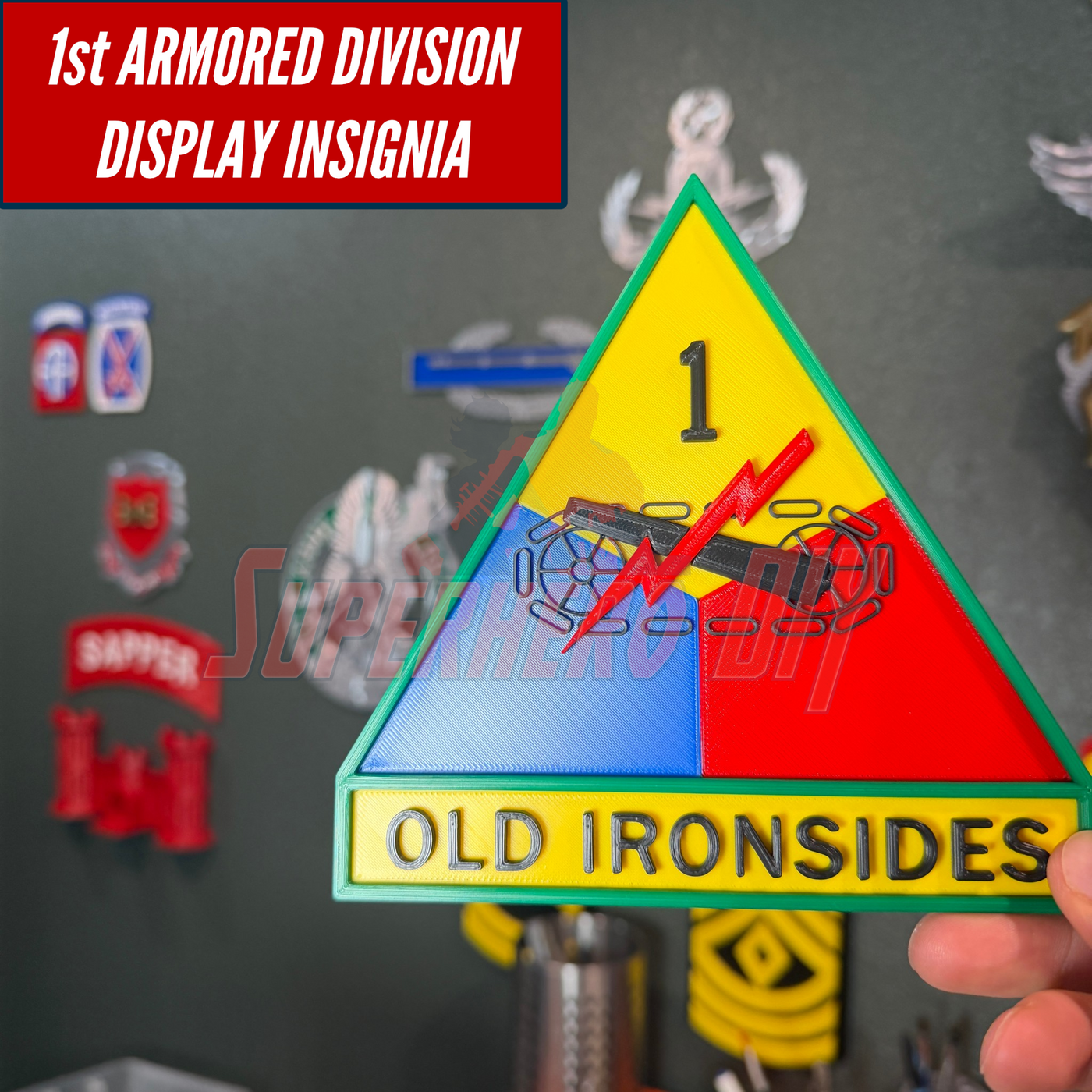 1st Armored Division display insignia with vibrant colors and design, symbolizing Old Ironsides legacy.