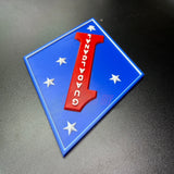 1st Marine Division display insignia featuring blue diamond, red numeral one, and Southern Cross stars.