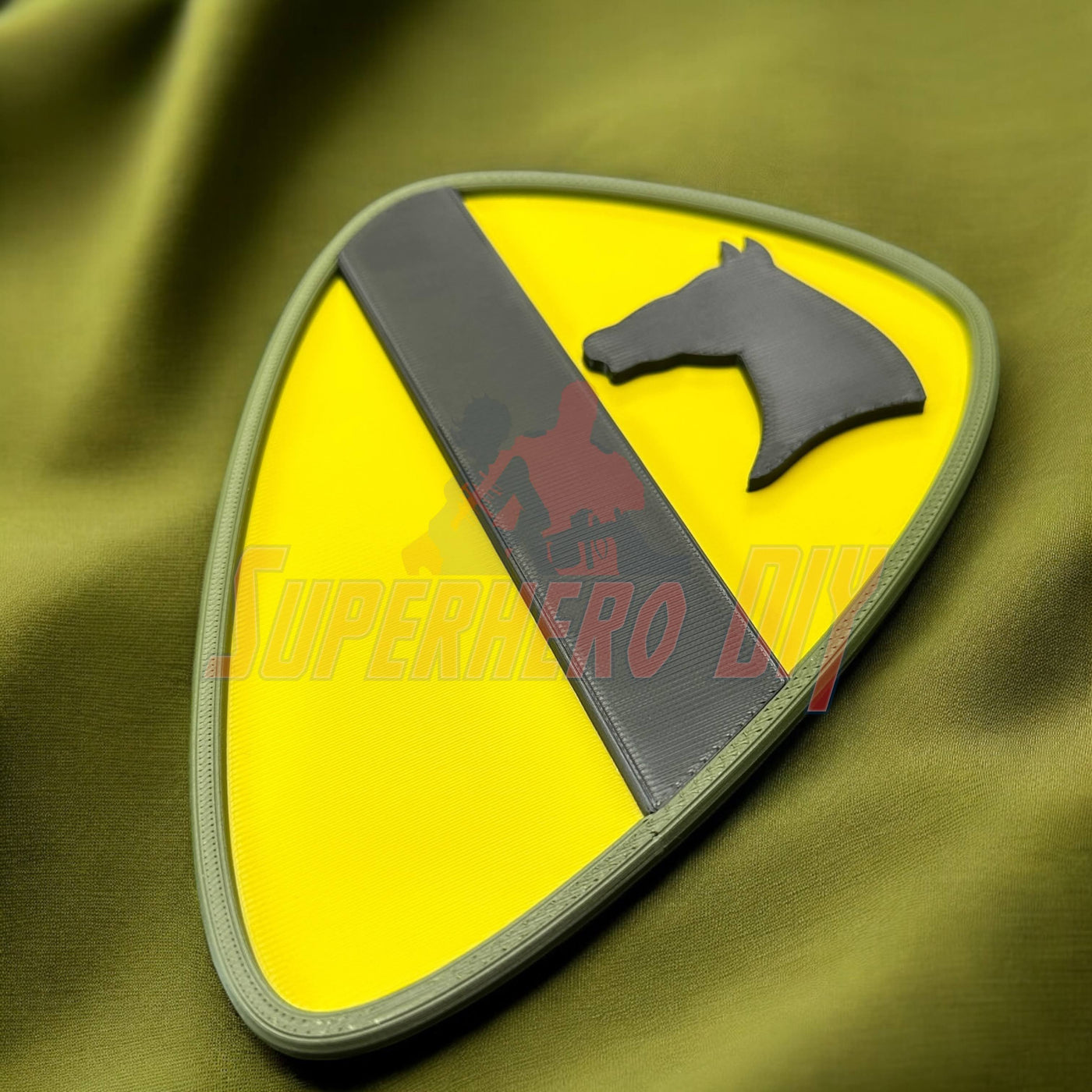1st Cavalry Division Display Insignia on army green background, perfect for military decor in shop, office, garage, or game room.