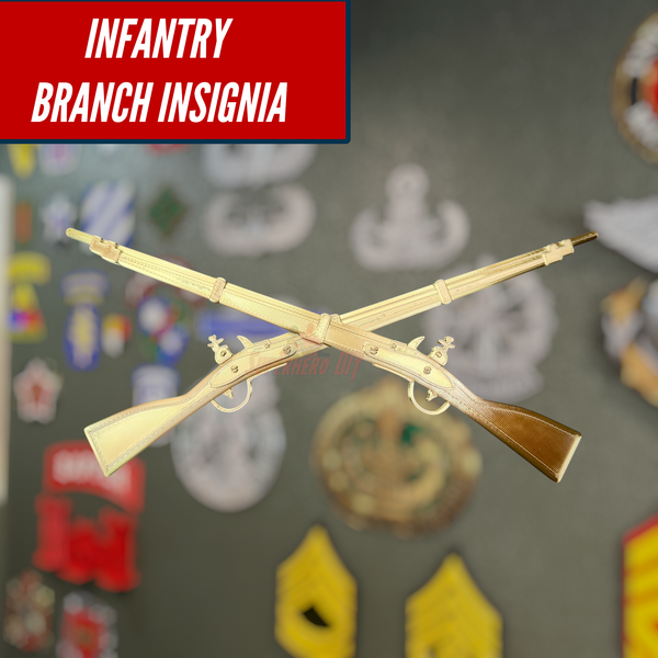 Infantry branch insignia display with crossed muskets in gold against a collection of military patches.