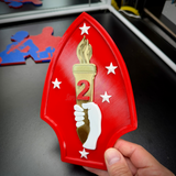 2nd Marine Division display insignia featuring scarlet spearhead and gold torch, perfect for wall or shadow box display.