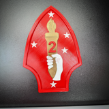 2nd Marine Division display insignia with gold torch and red background, ideal for wall art or shadow box.
