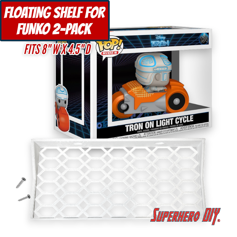 Floating shelf for Funko Pop 2-pack holding Tron on Light Cycle, fits 8" W x 4.5" D, open hex lattice design.