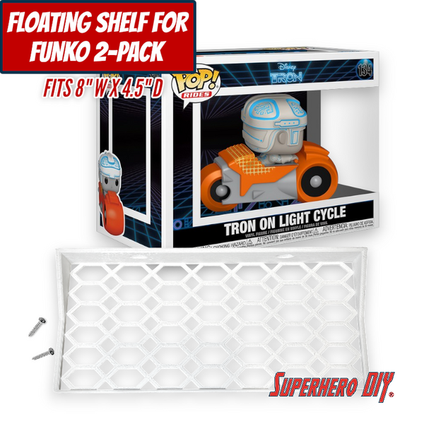 Floating shelf for Funko Pop 2-pack holding Tron on Light Cycle, fits 8" W x 4.5" D, open hex lattice design.