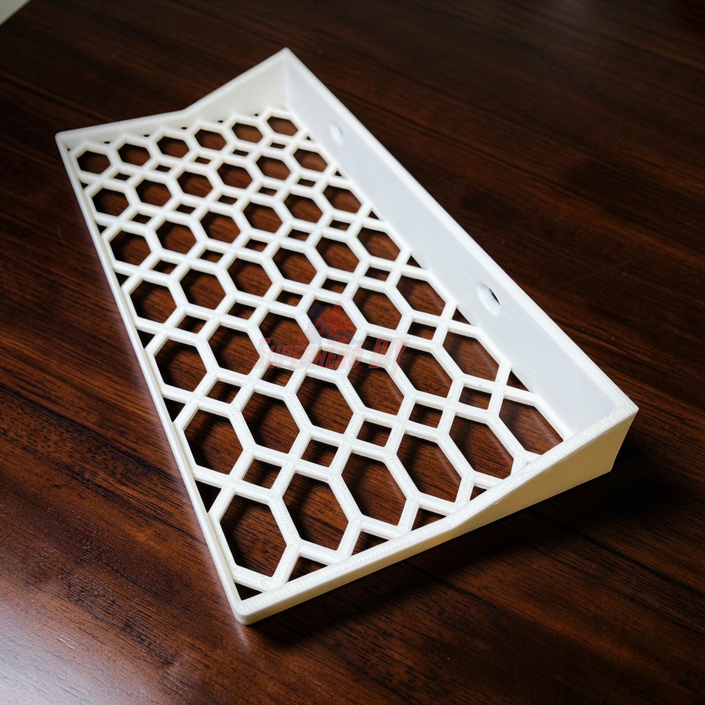 Floating shelf for Funko Pop 2-pack with open hex lattice design.
