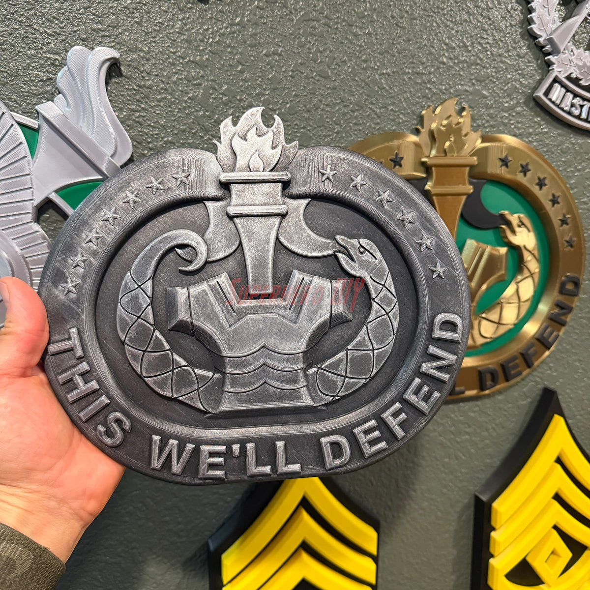 Drill Sergeant Badge insignia with the text 'THIS WE'LL DEFEND' displayed for wall or shadow box decoration.