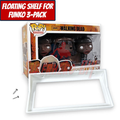 Floating shelf for Funko Pop 3-pack next to Walking Dead Funko box and screws.