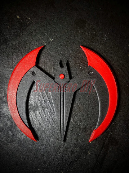 3D-printable Beyond Batarang STL file digital download, cosplay prop, futuristic black and red batarang for 3D printing.