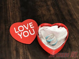 3D-PRINTABLE STL FILE | Candy Heart Gift Box | DIGITAL FILE ONLY - Red candy heart gift box with "LOVE YOU" text on lid, open to reveal silver earrings inside lined with white tissue paper. - SuperheroDIY