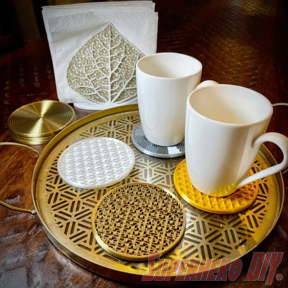 4-PACK Geometric Pattern Coasters | Shiny Metallic Plastic Coasters - Superhero DIY