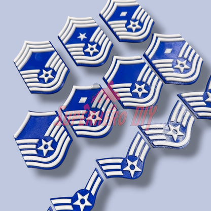 3D Air Force Enlisted Rank insignias in various sizes, showcasing ranks from E-2 to E-9, ideal for tribute displays and military decor.
