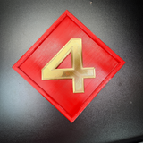 4th Marine Division display insignia with a gold numeral four on a red diamond background, perfect for wall mount.
