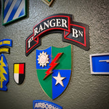 A military-style patch or emblem mounted on a textured gray wall, featuring a black and red banner reading '1st Ranger BN' above a blue and green shield with a white sun, red lightning bolt, and white star.