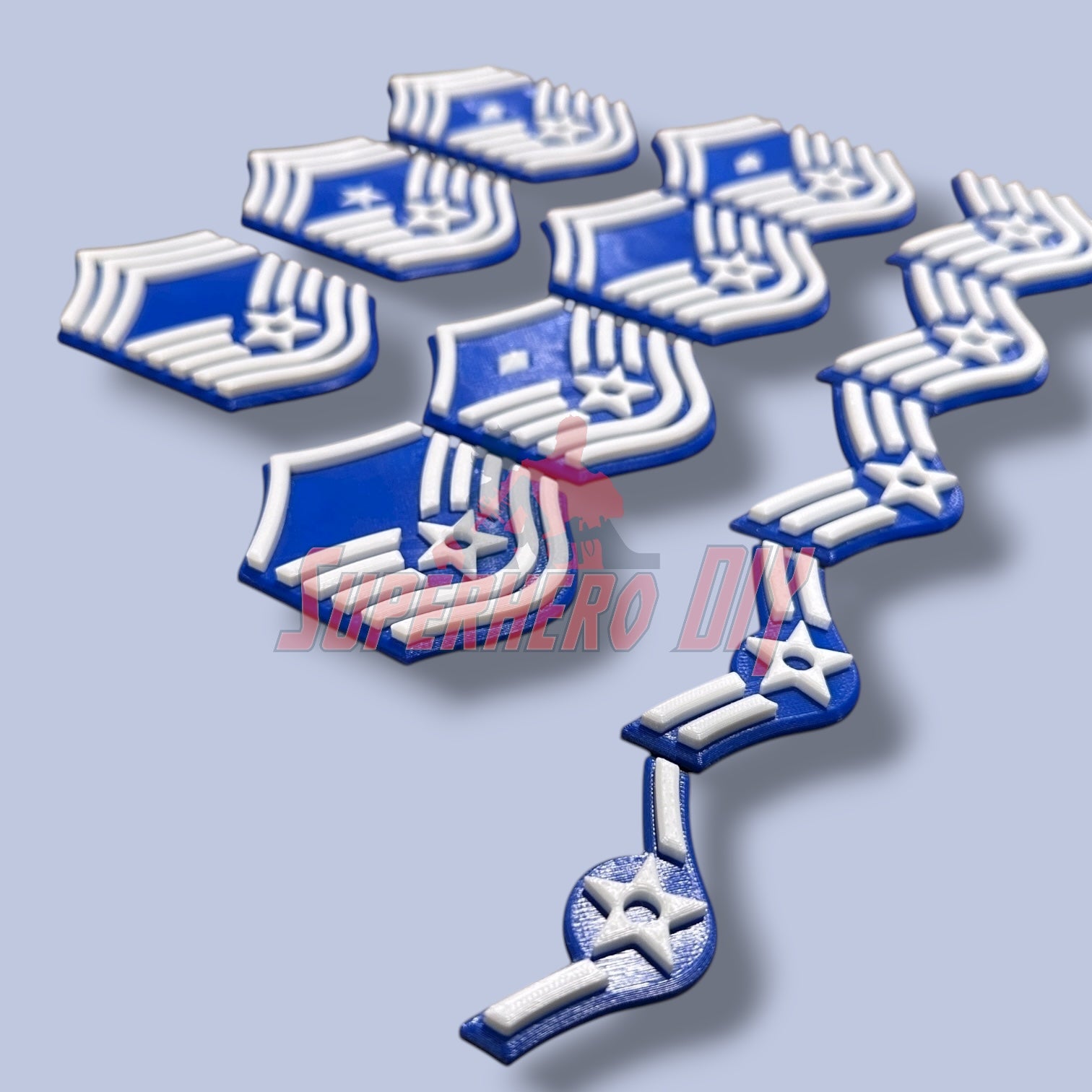 3D Air Force Enlisted Rank insignias in multiple sizes, showcasing E-2 to E-9 ranks. Perfect for tribute displays and veteran decor.