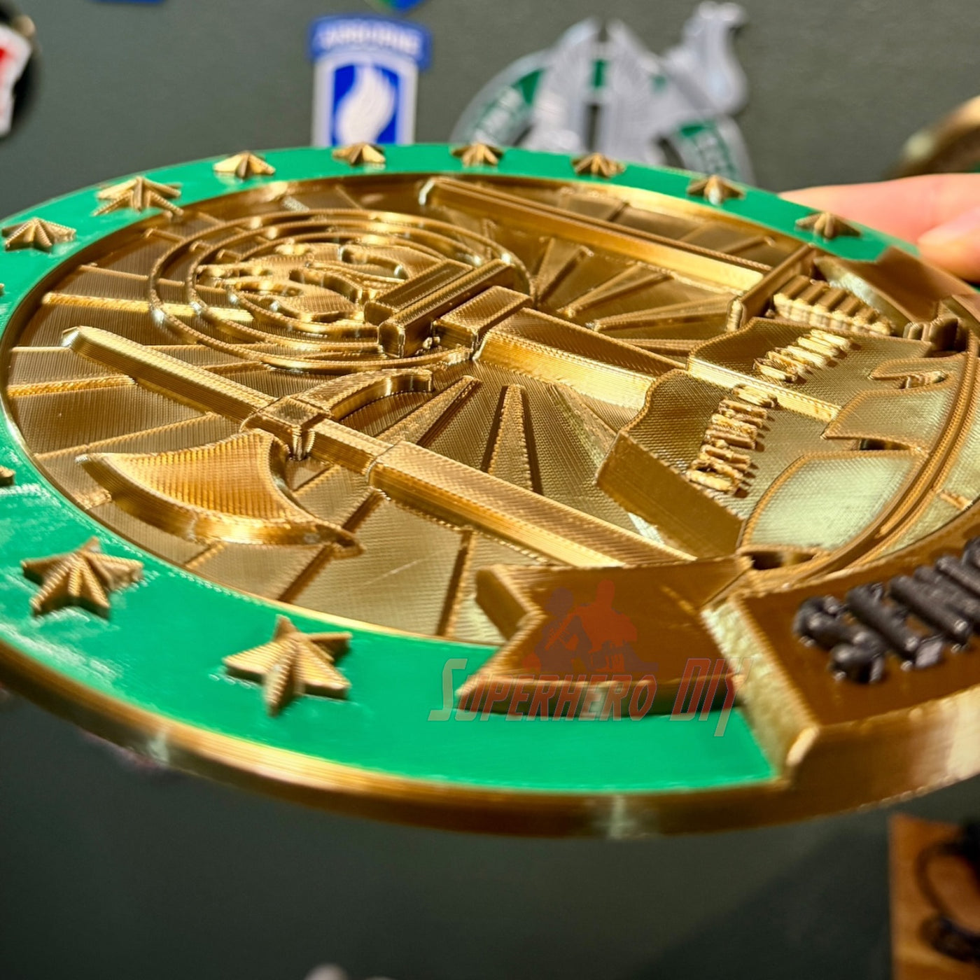 Army Instructor Badge display round medal with green border and gold emblem, showcasing intricate design details.