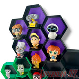 Wall-mounted honeycomb shelf for Disney Doorables, holds 7 figures with foot pegs for stable and organized display
