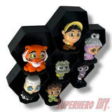 Wall-mounted honeycomb shelf for Disney Doorables, holds 7 figures with foot pegs for stable and organized display