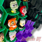Wall-mounted honeycomb shelf for Disney Doorables, holds 7 figures with foot pegs for stable and organized display