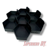 Wall-mounted honeycomb shelf for Disney Doorables, holds 7 figures with foot pegs for stable and organized display