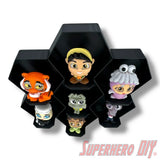 Wall-mounted honeycomb shelf for Disney Doorables, holds 7 figures with foot pegs for stable and organized display
