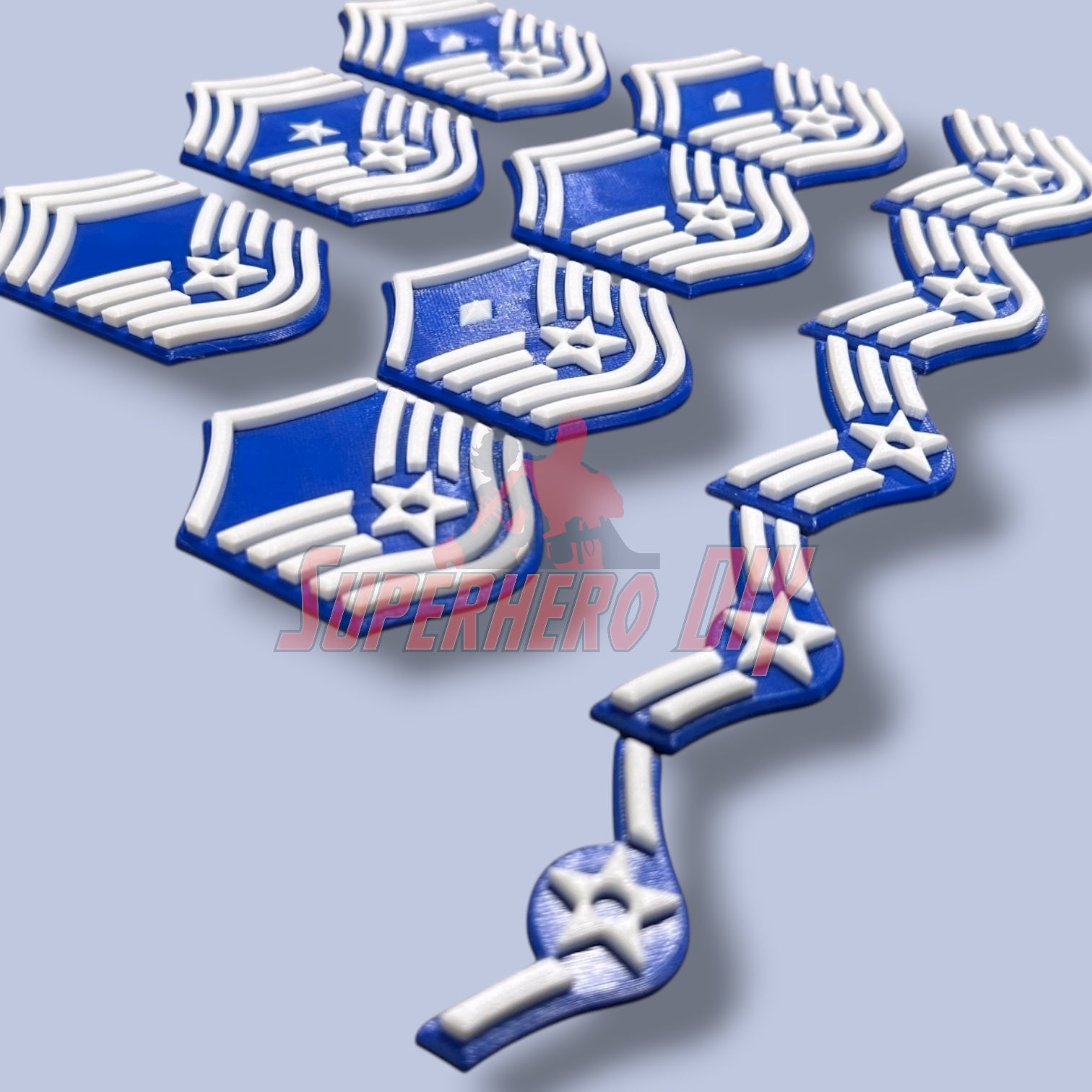 3D Air Force Enlisted Rank insignias in multiple sizes showcasing ranks from Airman to Command Chief, perfect for tribute displays.