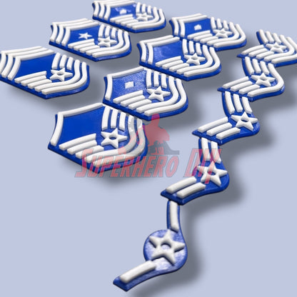 3D Air Force Enlisted Rank insignias in multiple sizes showcasing ranks from Airman to Command Chief, perfect for tribute displays.