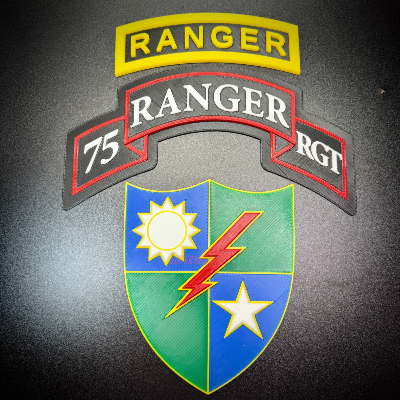 75th Ranger Regiment display insignia featuring the Ranger tab and distinctive unit insignia.