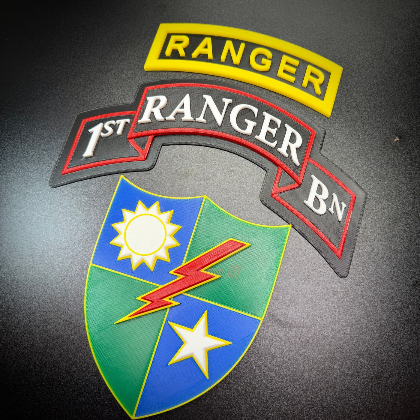 75th Ranger Regiment display insignia featuring colorful patches including RANGER and 1st RANGER BN.