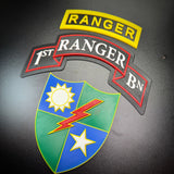 75th Ranger Regiment display insignia featuring colorful patches including RANGER and 1st RANGER BN.