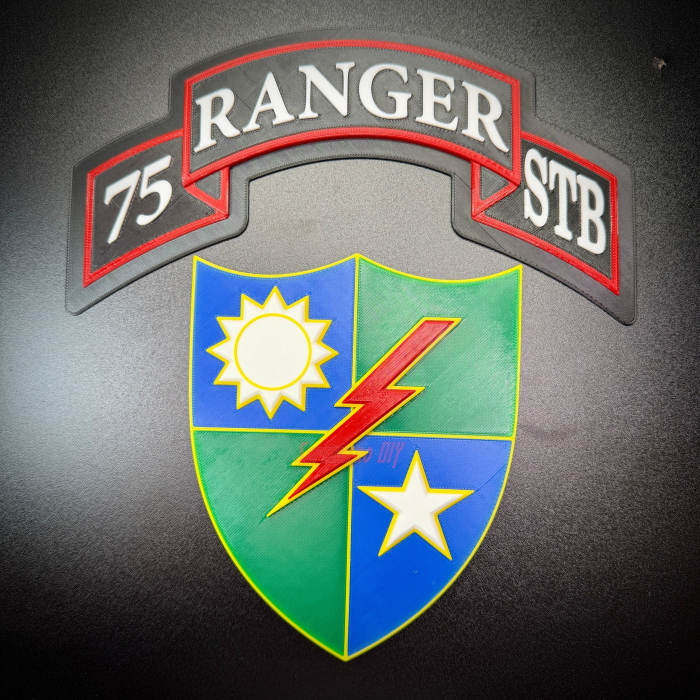 75th Ranger Regiment display insignia featuring colorful shield and text '75 RANGER STB' for military enthusiasts.