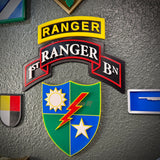 75th Ranger Regiment display insignia with Ranger and 1st Ranger BN patches on a wall.