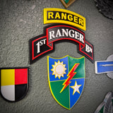 75th Ranger Regiment display insignia featuring 1st Ranger Battalion and Ranger patches on a textured wall.